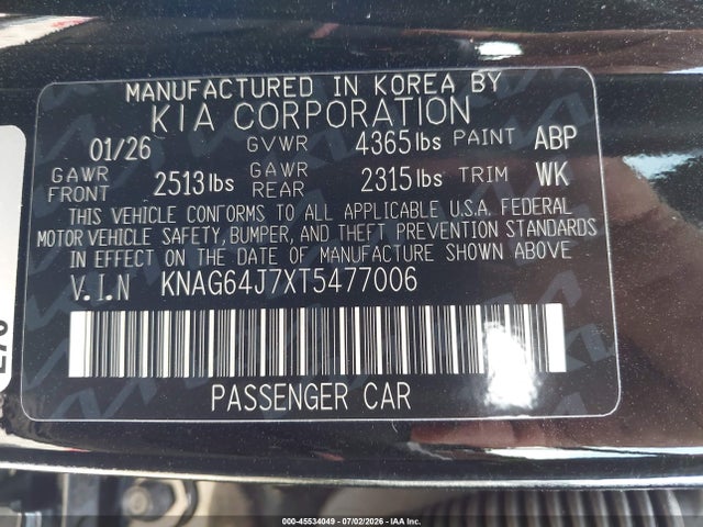 2026 Kia K5 Gt-line Fwd მანქანა იყიდება აუქციონზე, vin: KNAG64J7XT5477006, აუქციონის ნომერი: 45534049