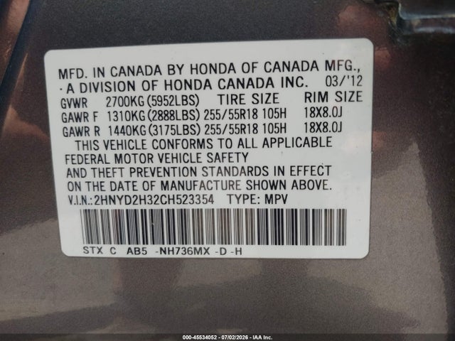 Aukcja sprzedaży 2012 Acura Mdx Technology Package, vin: 2HNYD2H32CH523354, numer aukcji: 45534052