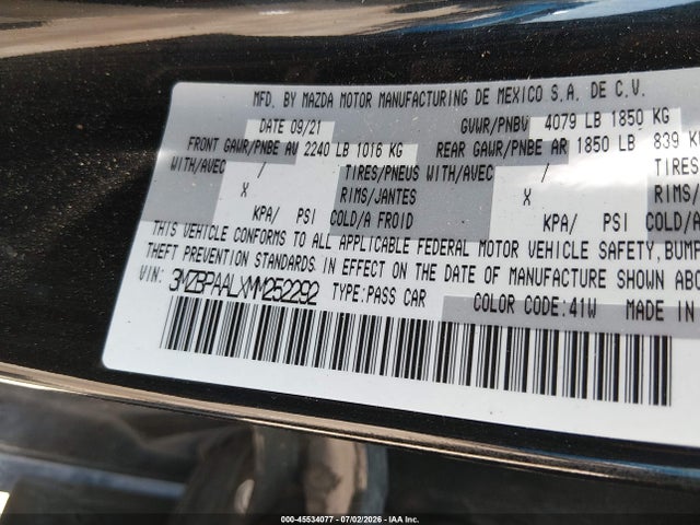 Aukcja sprzedaży 2021 Mazda Mazda3 2.5 S, vin: 3MZBPAALXMM252292, numer aukcji: 45534077