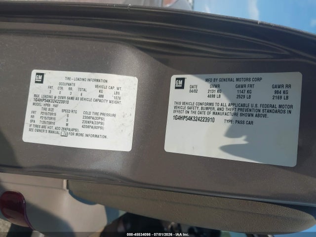 Aukcja sprzedaży 2002 Buick Lesabre Custom, vin: 1G4HP54K324223910, numer aukcji: 45534098