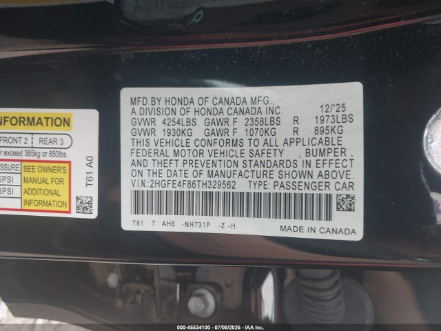Aukcja sprzedaży 2026 Honda Civic Hybrid Sport/sport Touring, vin: 2HGFE4F86TH329562, numer aukcji: 45534100