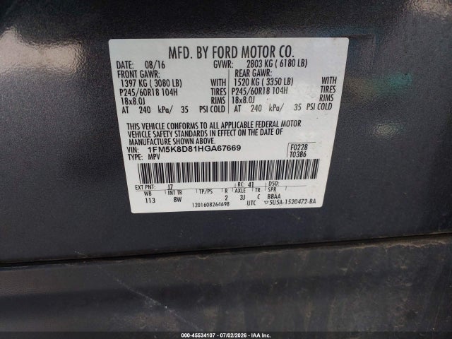 Ford EXPLORER XLT 2017 1FM5K8D81HGA67669 Image 9