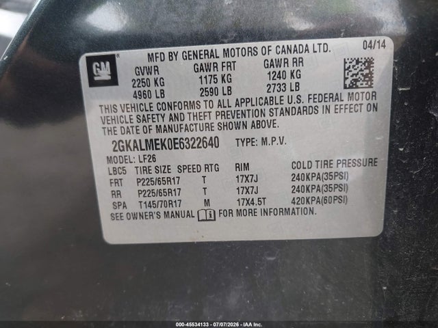 Продаж на аукціоні авто 2014 Gmc Terrain Sle-1, vin: 2GKALMEK0E6322640, номер лоту: 45534133