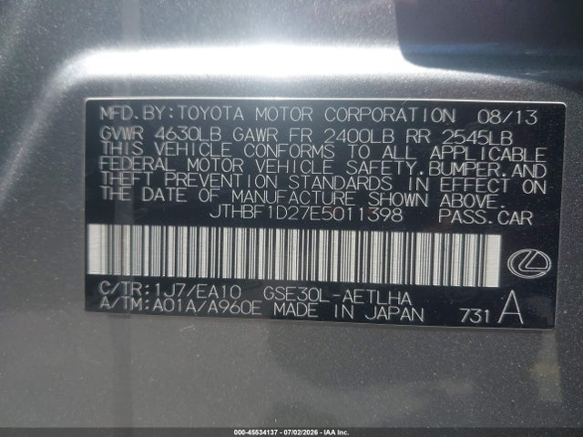 Aukcja sprzedaży 2014 Lexus Is 250, vin: JTHBF1D27E5011398, numer aukcji: 45534137