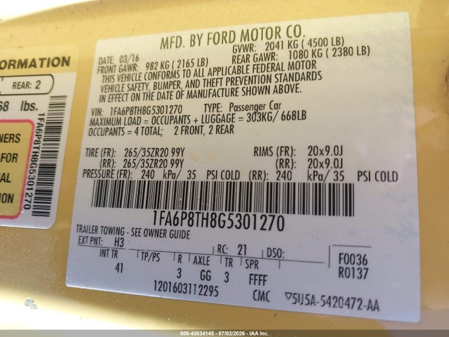 2016 Ford Mustang Ecoboost მანქანა იყიდება აუქციონზე, vin: 1FA6P8TH8G5301270, აუქციონის ნომერი: 45534145
