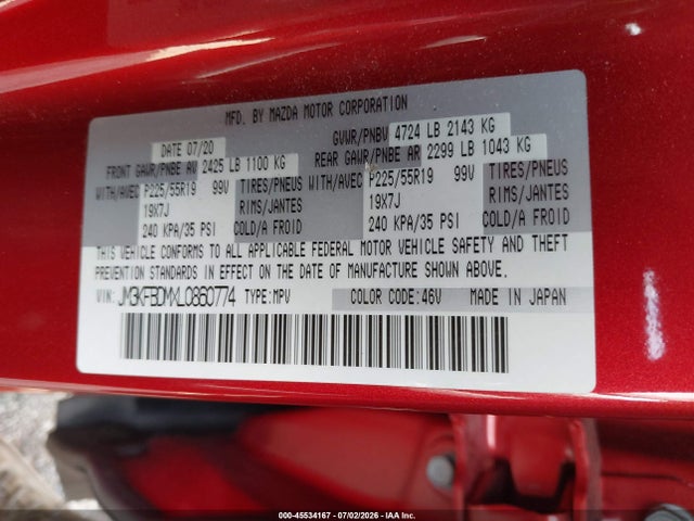 2020 Mazda Cx-5 Grand Touring მანქანა იყიდება აუქციონზე, vin: JM3KFBDMXL0860774, აუქციონის ნომერი: 45534167