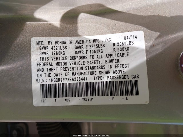Honda ACCORD EX 2014 1HGCR2F7XEA206447 Image 9