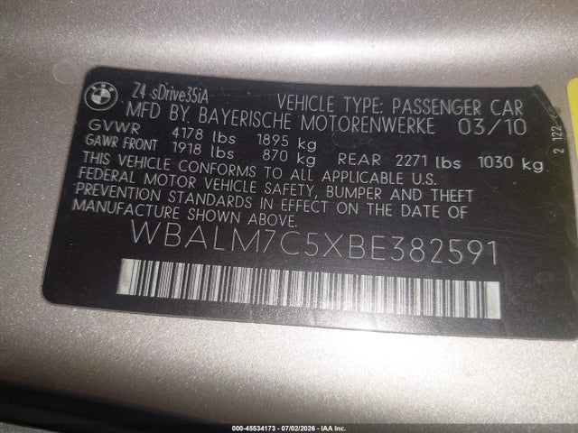 Aukcja sprzedaży 2011 Bmw Z4 Sdrive35i, vin: WBALM7C5XBE382591, numer aukcji: 45534173
