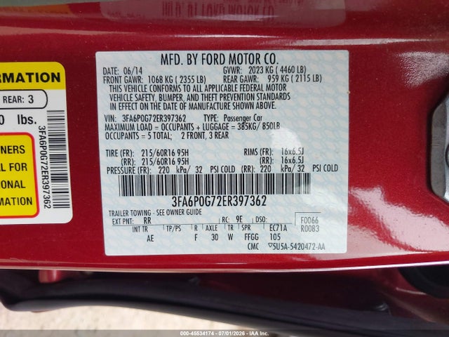 Ford FUSION S 2014 3FA6P0G72ER397362 Image 9