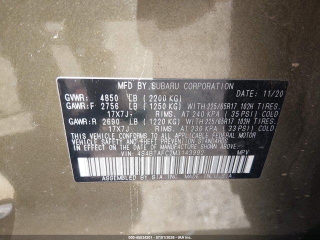 Aukcja sprzedaży 2021 Subaru Outback Premium, vin: 4S4BTAFC2M3143992, numer aukcji: 45534201