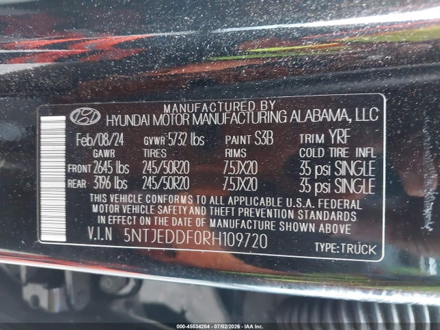 45534204 :رقم المزاد ، 5NTJEDDF0RH109720 vin ، 2024 Hyundai Santa Cruz Limited مزاد بيع