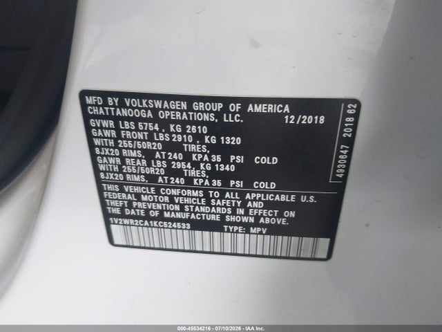 Продаж на аукціоні авто 2019 Volkswagen Atlas 3.6l V6 Se W/technology, vin: 1V2WR2CA1KC524533, номер лоту: 45534216