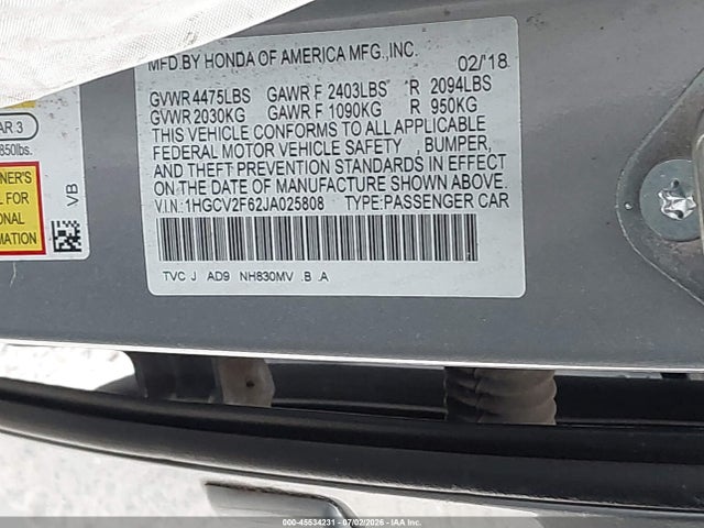 1HGCV2F62JA025808 Honda Accord Ex-l 2.0t