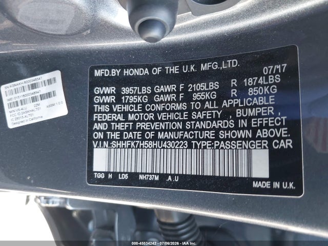 Honda CIVIC EX 2017 SHHFK7H58HU430223 Image 9