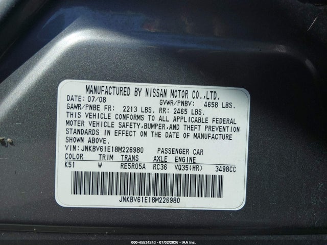 Aukcja sprzedaży 2008 Infiniti G35 Journey, vin: JNKBV61E18M226980, numer aukcji: 45534243