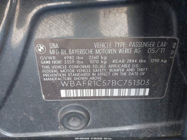 Продаж на аукціоні авто 2011 Bmw 528i, vin: WBAFR1C57BC751303, номер лоту: 45534246