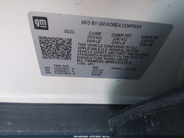 45534258 :رقم المزاد ، KL79MRSL4PB201113 vin ، 2023 Chevrolet Trailblazer Awd Lt مزاد بيع