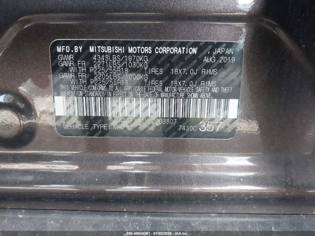 45534261 :رقم المزاد ، JA4AP3AU1LU003807 vin ، 2020 Mitsubishi Outlander Sport 2.0 Es مزاد بيع