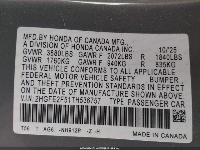 Honda Civic Sport 2026 2HGFE2F51TH536757 Image 9