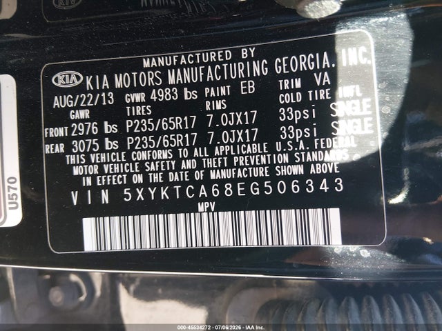 45534272 :رقم المزاد ، 5XYKTCA68EG506343 vin ، 2014 Kia Sorento Lx مزاد بيع