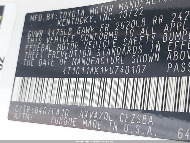 45534283 :رقم المزاد ، 4T1G11AK1PU740107 vin ، 2023 Toyota Camry Se مزاد بيع