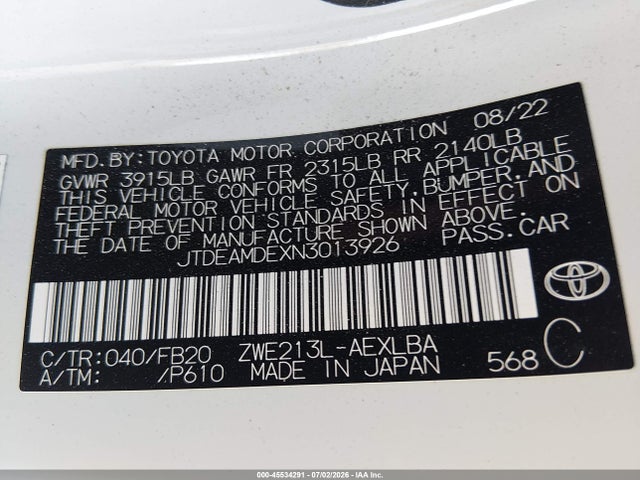 45534291 :رقم المزاد ، JTDEAMDEXN3013926 vin ، 2022 Toyota Corolla Hybrid Le مزاد بيع