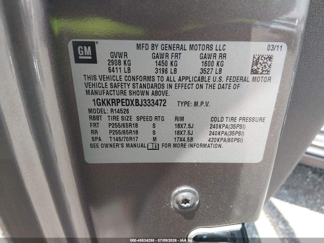45534298 :رقم المزاد ، 1GKKRPEDXBJ333472 vin ، 2011 Gmc Acadia Sle مزاد بيع