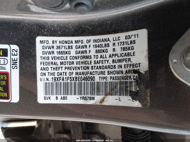 2011 Honda Civic Lx მანქანა იყიდება აუქციონზე, vin: 19XFA1F5XBE046090, აუქციონის ნომერი: 45534300