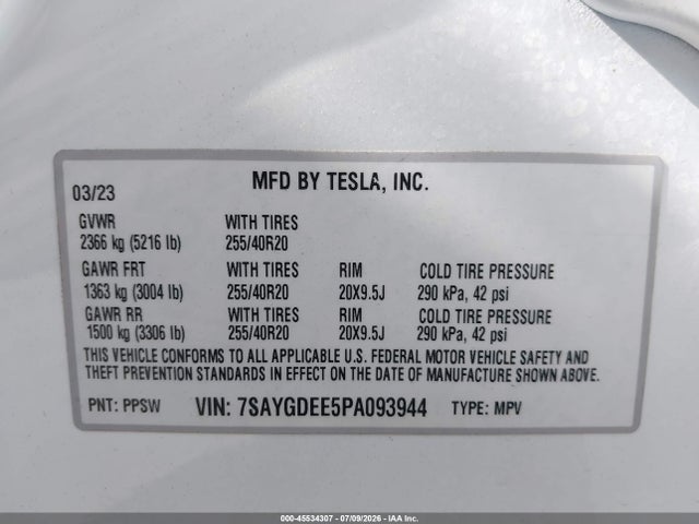 45534307 :رقم المزاد ، 7SAYGDEE5PA093944 vin ، 2023 Tesla Model Y Awd/long Range Dual Motor All-wheel Drive مزاد بيع