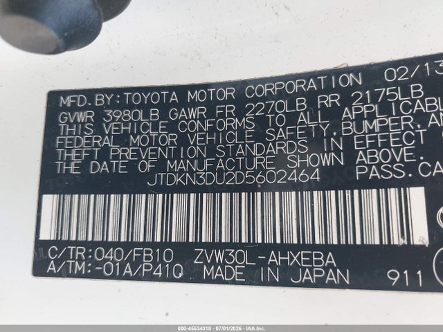 45534318 :رقم المزاد ، JTDKN3DU2D5602464 vin ، 2013 Toyota Prius Two مزاد بيع