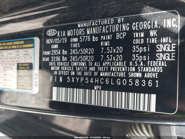 Aukcja sprzedaży 2020 Kia Telluride Sx, vin: 5XYP54HC6LG058361, numer aukcji: 45534320