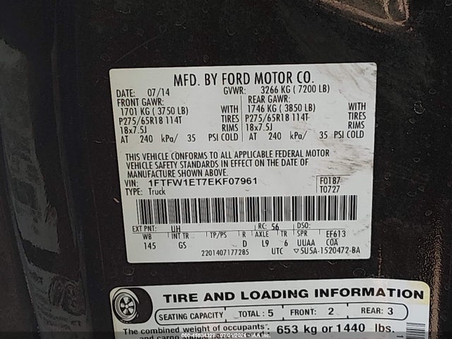 1FTFW1ET7EKF07961 Ford F-150 Fx4/king Ranch/lariat/limited/platinum/xl/xlt