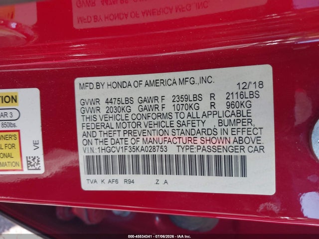1HGCV1F35KA028753 Honda Accord Sport