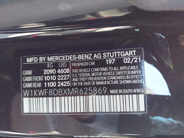 Aukcja sprzedaży 2021 Mercedes-benz C 300 Sedan, vin: W1KWF8DBXMR625869, numer aukcji: 45534358