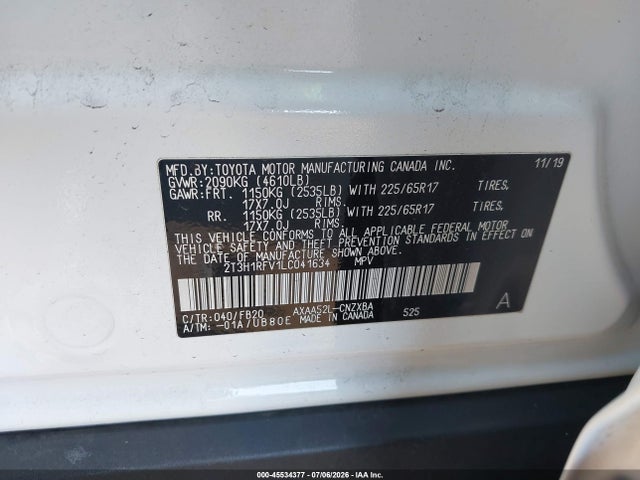 Auction sale of the 2020 Toyota Rav4 Le, vin: 2T3H1RFV1LC041634, lot number: 45534377