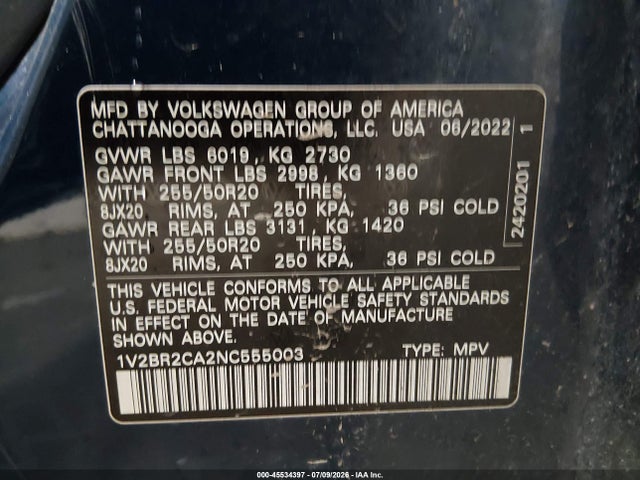 1V2BR2CA2NC555003 Volkswagen Atlas 3.6l V6 Sel