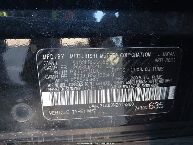 Aukcja sprzedaży 2022 Mitsubishi Outlander Es 2.5 2wd, vin: JA4J3TA88NZ015960, numer aukcji: 45534434