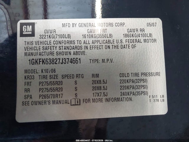 Aukcja sprzedaży 2007 Gmc Yukon Denali Denali, vin: 1GKFK63827J374661, numer aukcji: 45534437