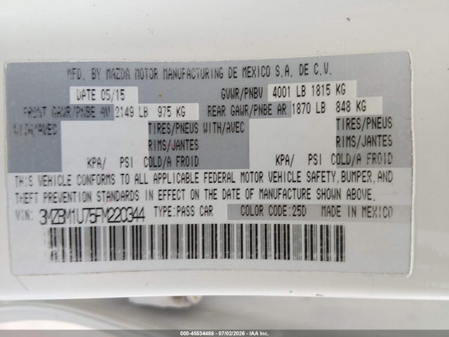 Aukcja sprzedaży 2015 Mazda Mazda3 I Sport, vin: 3MZBM1U75FM220344, numer aukcji: 45534488