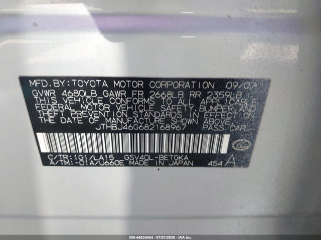 Продажа на аукционе авто 2008 Lexus Es 350, vin: JTHBJ46G682168967, номер лота: 45534494