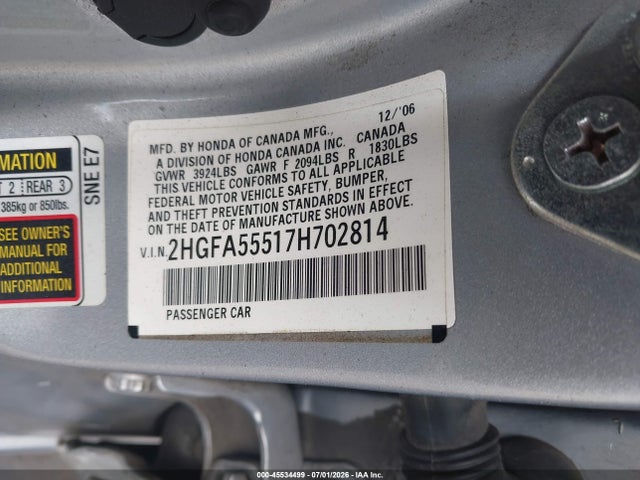 45534499 :رقم المزاد ، 2HGFA55517H702814 vin ، 2007 Honda Civic Si مزاد بيع