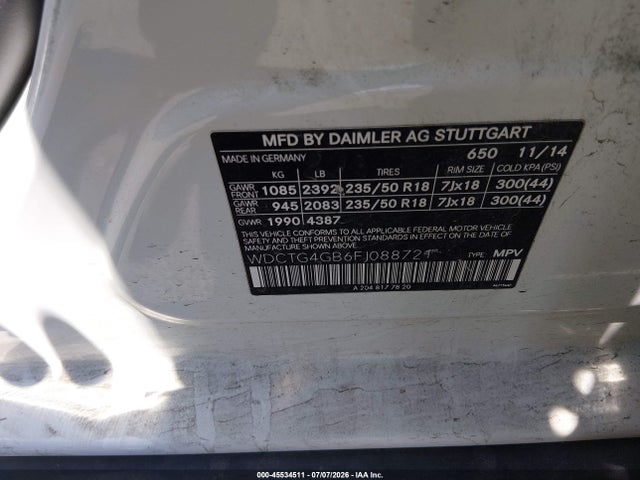 Aukcja sprzedaży 2015 Mercedes-benz Gla 250 4matic, vin: WDCTG4GB6FJ088721, numer aukcji: 45534511