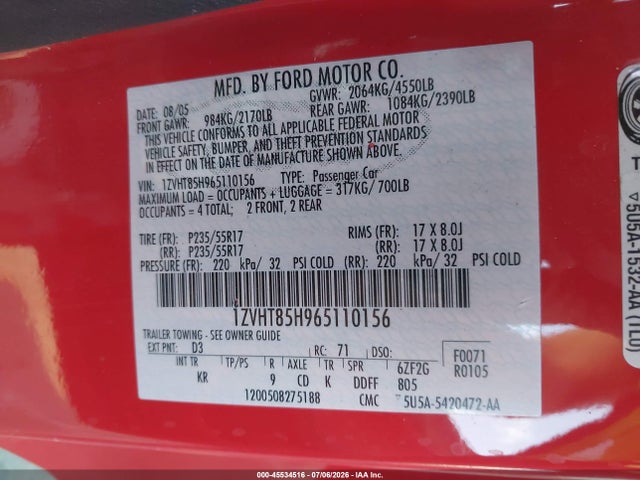 2006 Ford Mustang Gt მანქანა იყიდება აუქციონზე, vin: 1ZVHT85H965110156, აუქციონის ნომერი: 45534516