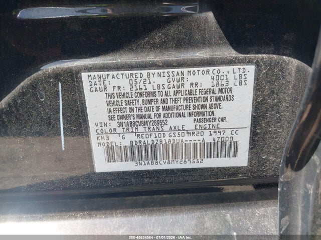 2021 Nissan Sentra Sv Xtronic Cvt მანქანა იყიდება აუქციონზე, vin: 3N1AB8CV8MY289552, აუქციონის ნომერი: 45534564