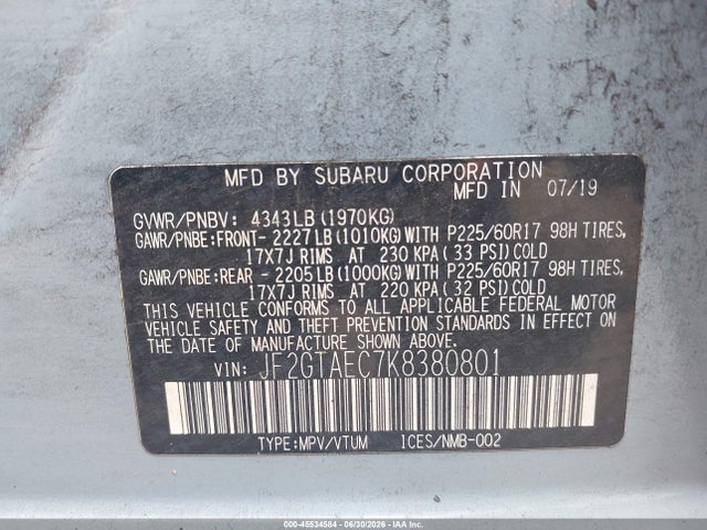 45534584 :رقم المزاد ، JF2GTAEC7K8380801 vin ، 2019 Subaru Crosstrek 2.0i Premium مزاد بيع