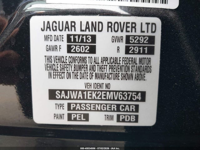 45534586 :رقم المزاد ، SAJWA1EK2EMV63754 vin ، 2014 Jaguar Xj Xjr مزاد بيع