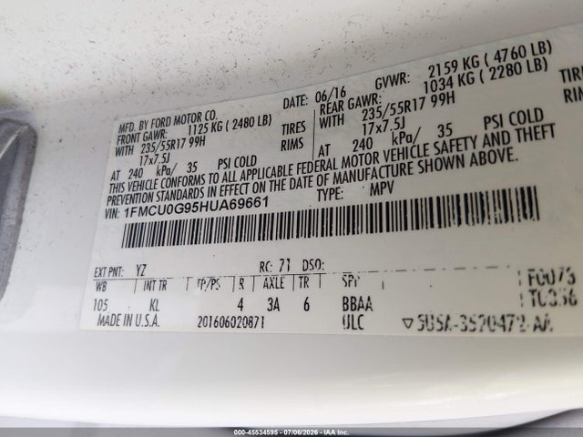 2017 Ford Escape Se მანქანა იყიდება აუქციონზე, vin: 1FMCU0G95HUA69661, აუქციონის ნომერი: 45534595