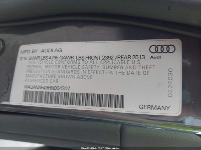 Aukcja sprzedaży 2017 Audi A4 Premium, vin: WAUANAF49HN004307, numer aukcji: 45534606