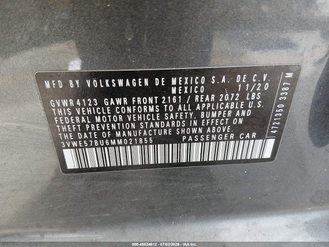 45534612 :رقم المزاد ، 3VWE57BU6MM021855 vin ، 2021 Volkswagen Jetta 1.4t Sel مزاد بيع