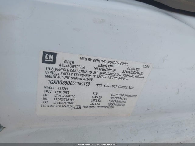 Aukcja sprzedaży 2005 Chevrolet Express, vin: 1GAHG39U851159168, numer aukcji: 45534615